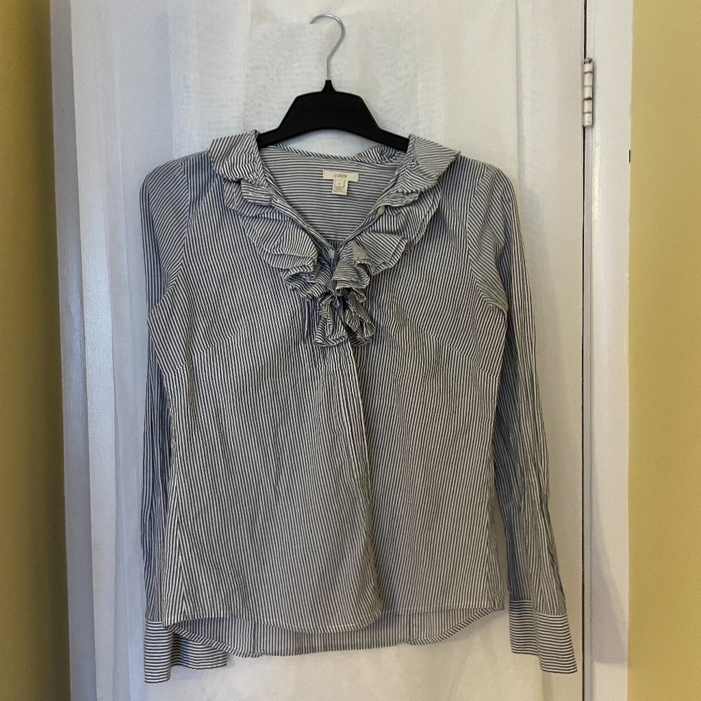 J Crew Ruffle Collar Blue and White Vertical Striped Button-Up Dress Shirt